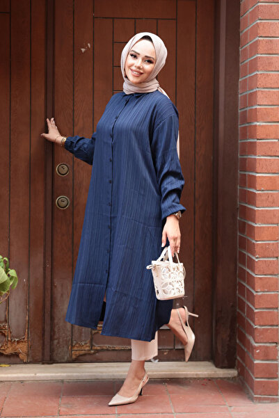 N.S NEVA STYLE Buttoned Navy Blue Hijab Tunic 70551L
