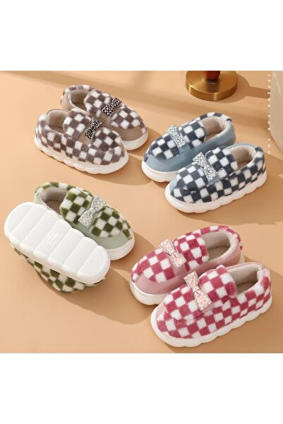 OEM Fluffy and warm slippers for women, plaid pattern, F-4