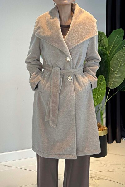 Lale Butik Wide Collar Buttoned Coat 36234 Beige
