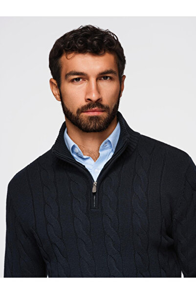 OMBRE Herren Zopfmusterpullover mit Reißverschluss und Rollkragen - Schwarz V2 OM-SWZS-0138