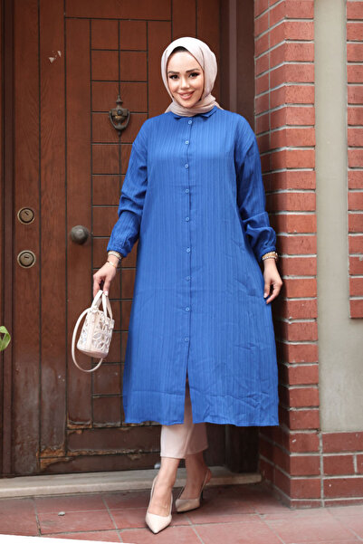 N.S NEVA STYLE Buttoned Sax Blue Hijab Tunic 70551Sx