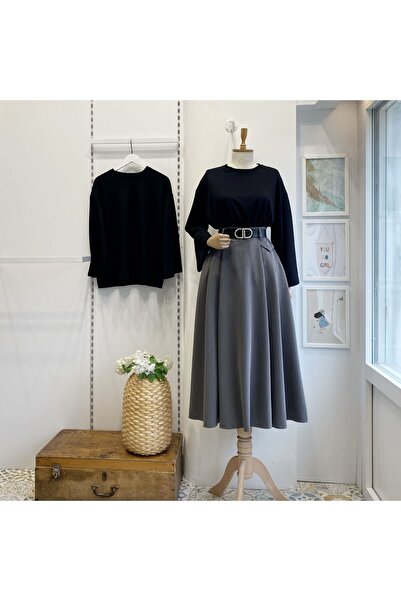 Faya Boutique Kemer Detaylı Gri Crep Etek