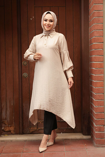 N.S NEVA STYLE Asymmetrical Detailed Beige Hijab Tunic 615Bej