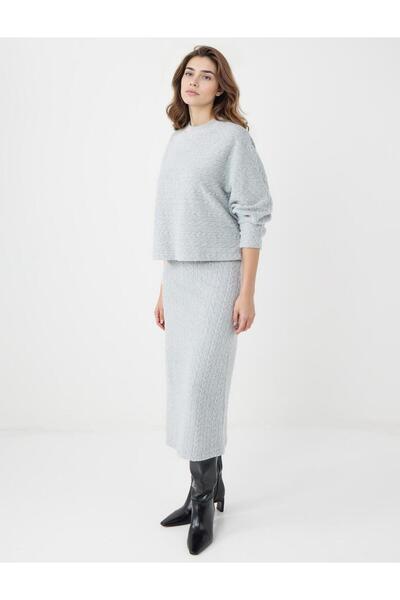 Jimmy Key Grı Normal Bel Saç Örgü Desenli Yumuşak Dokulu Midi Etek