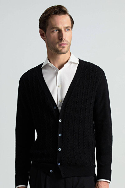 Hemington Merino Yün İpek Karışım Örgü Desenli Siyah Düğmeli Hırka