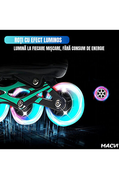 MACVI ® Adjustable Turquoise Skates, Kids & Adults L 38-41, Light-Up Wheels, ABEC-7