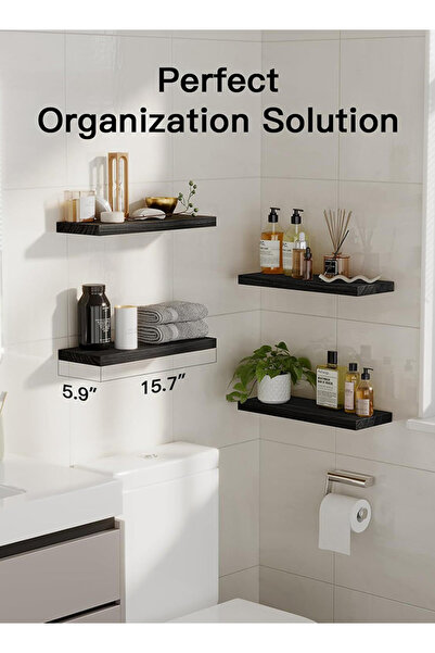 Generic 4Pcs Black Floating Wall Shelves,Large & Deep Sturdy Wall-Mounted Storage Rack for Bedroom