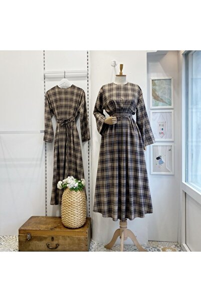 Faya Boutique Vizon Ekose Desenli Alize Elbise