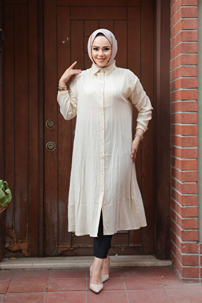 N.S NEVA STYLE Buttoned Beige Hijab Tunic 70551Bej