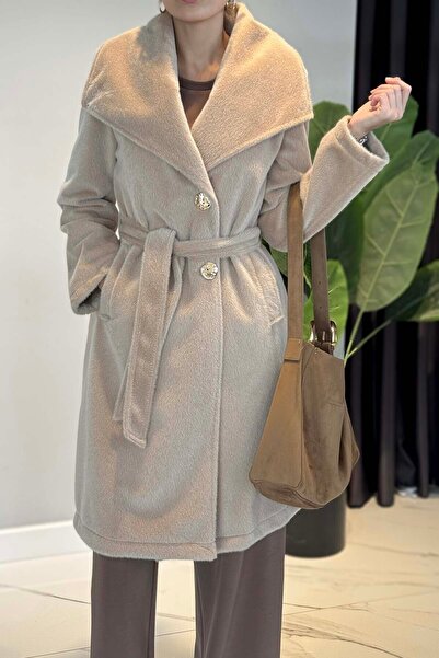 Lale Butik Wide Collar Buttoned Coat 36234 Beige