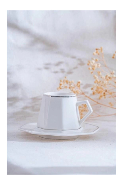 ACAR YKG6614 Silver Detaylı Beyaz Porselen Kahve Seti 6'lı