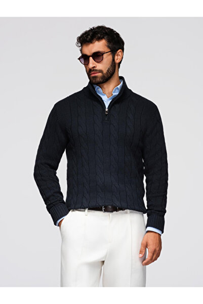 OMBRE Herren Zopfmusterpullover mit Reißverschluss und Rollkragen - Schwarz V2 OM-SWZS-0138