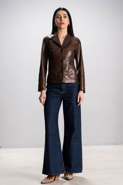 Dericlub Lyon Women's Three Button Genuine Leather Blazer Jacket with Pocket