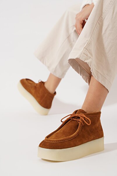 Moda Pie Sente Haşpapi Silikon Taban Kadın Hakiki Deri Bot Taba Süet