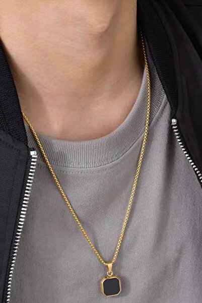 TAKIŞTIR Gold Color Stone Detailed Men's Chain Steel Necklace (60cm)