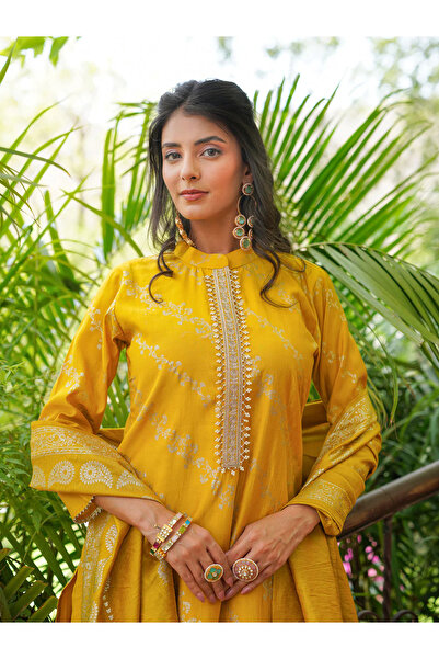 ZERE Yellow Silk Blend Floral Printed 3-Piece Kurta Set