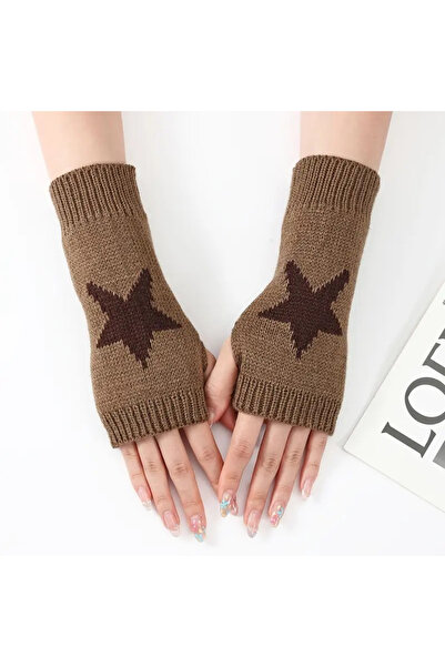 TATA CRAFT Yıldız Tasarım Parmaksız Örgü Kesik Eldiven Sokak Giyim Moda Tarz
