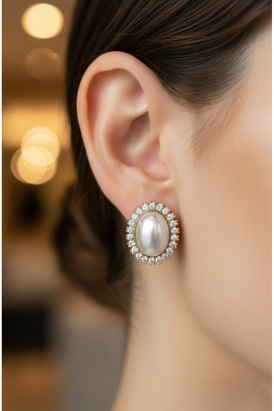 Happyline Kenarları taşlı ve incili büyük küpe gold kaplama Choker tasma