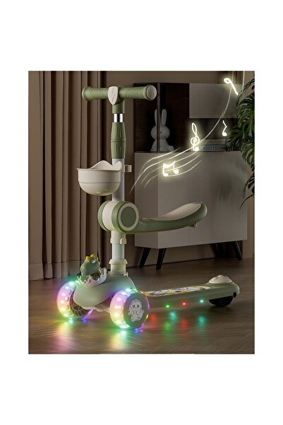 Flippy 3-in-1 Multifunction Kids Scooter 1-7 yrs, Lights & Music, 360° Adjustable, Beige/Green