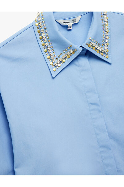 Koton X Melis Ağazat - Uzun Kollu Yakası Taş Detaylı Oversize Poplin Gömlek