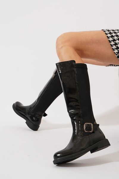 Moda Pie حذاء نسائي من الجلد الأسود المجعد ذو مشبك جانبي من Fermo