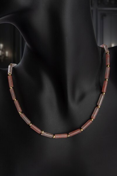 Uçar Doğaltaş Gül Kuvars Doğal Taş Silindir Kesim Zincir Kapamalı Kolye