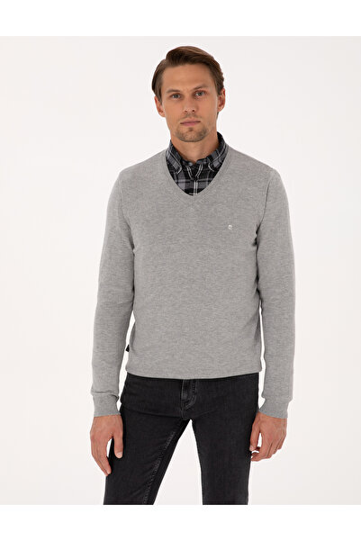Pierre Cardin Light Gray Melange Slim Fit V-Neck Basic Knitwear Sweater 50314...