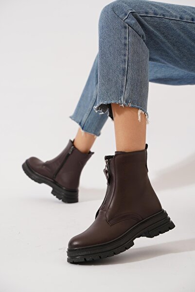 Moda Pie Cizme de damă din piele naturală cu fermoar frontal Manilsa piele maro