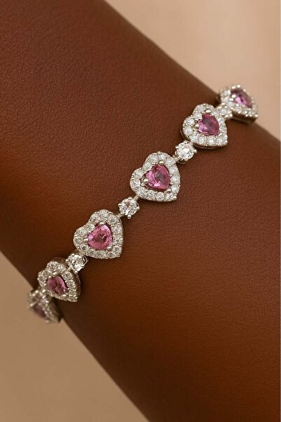 TAKIŞTIR Silver and Pink Color Heart Figured Design Bracelet