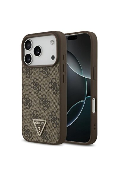 Guess Husă pentru iPhone 17 Pro Max — Piele 4G Triangle Strass MagSafe, Maro