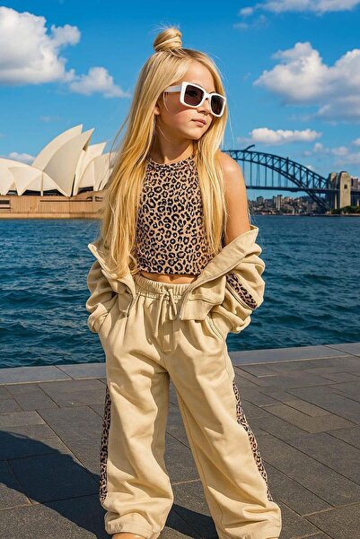 Riccotarz Σετ αθλητική φόρμα για κορίτσια Leopard με τύπωμα αμάνικο Badi Leopard ριγέ Jacket Cream