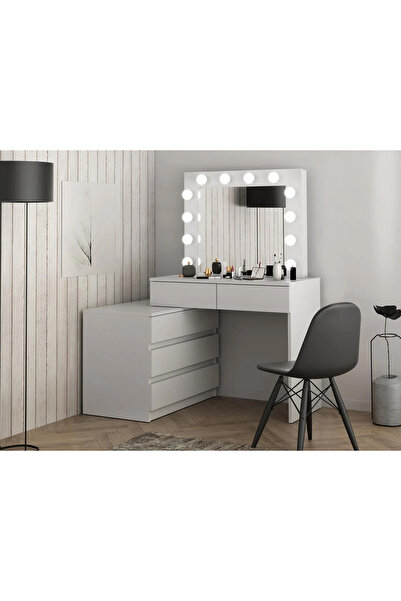 SERSIMO Masă de toaletă și machiaj Carla, de colț, cu oglindă cu 12 LED-uri și comodă cu 5 sertare, albă