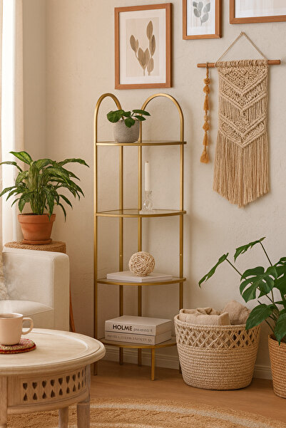 DEKOPRATİK Verona Gold Köşe Kitaplık -Füme Cam Temperli Kırılmaz Raflı Dekoratif Aksesuar Çiçeklik