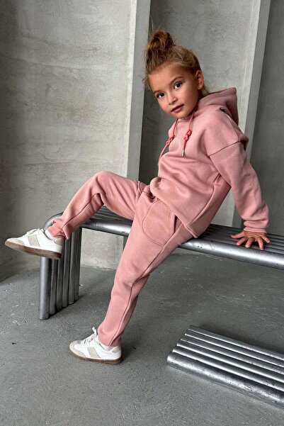 Riccotarz Κοριτσίστικο φούτερ με λεπτομέρεια από επένδυση fleece κλωστές, βαμβακερό ροζ αθλητικό κοστούμι