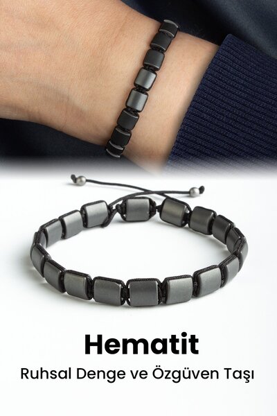 Uçar Doğaltaş Hematit Doğal Taş Mat Gri Yassı Kare Kesim Makrome Bileklik