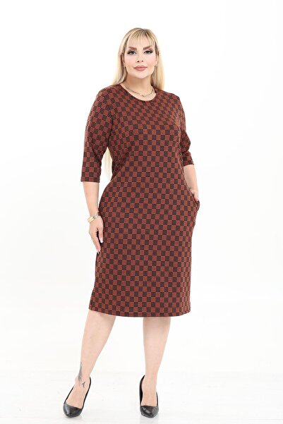 modayız Double Pocket Patterned Stretchy Winter Plus Size Midi Dress 41D-2727