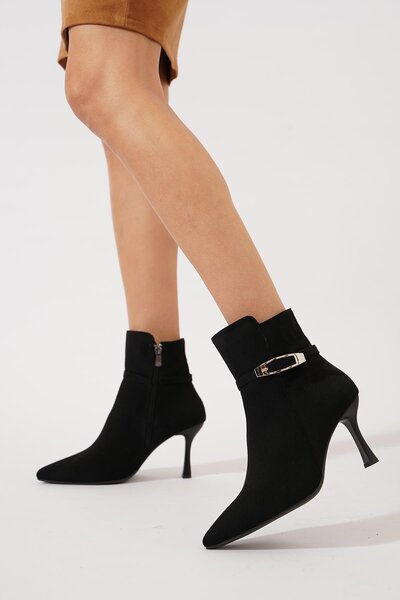 Moda Pie Delsan Yan Tokalı İnce Ökçe Kadın Topuklu Bot Siyah Süet