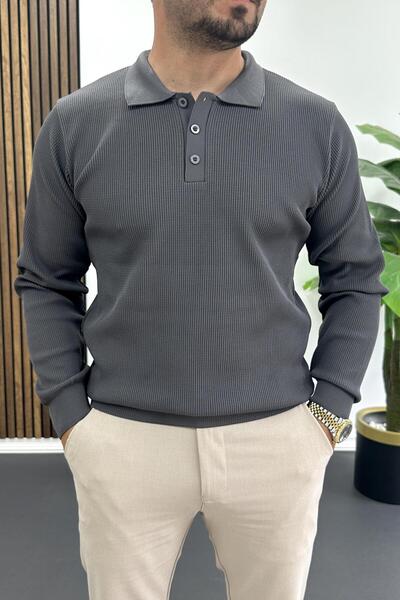 Edwox Men's Slim Fit Patterned Polo Neck Sweater Gray Edw426