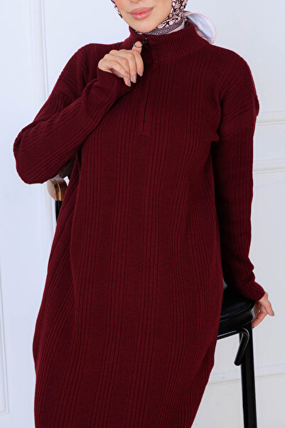 benguen Corded Fabric Knitwear Dress K3005 Claret Red