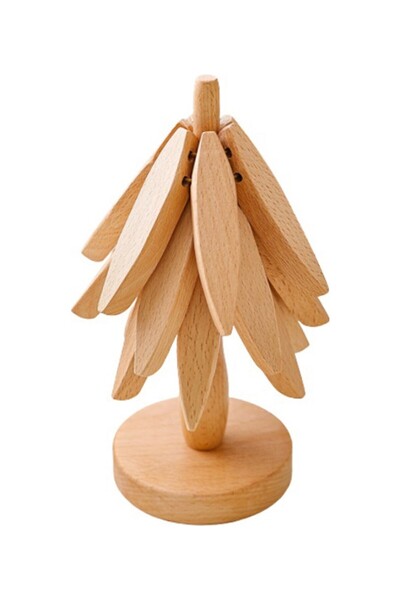 Kawimoda Set of 4 Bamboo Tree Trivets with Stand Heat Resistant Cup and Pot Bottom Folding Trivets