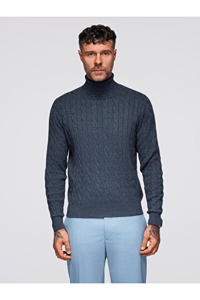 OMBRE Pulover de golf tricotat cu împletitură pentru bărbați - Bleumarin V3 OM-SWTN-0157