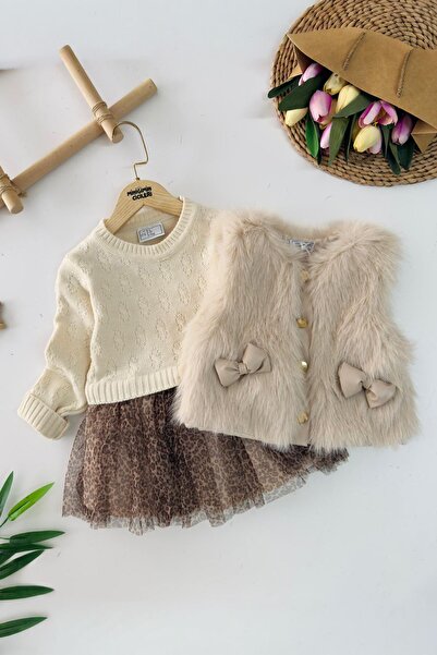 Minigimin Cicileri طقم فستان فاخر للفتيات من Miniğimin بتفاصيل فيونكة فرو وطبعة الفهد من التول - لون بيج