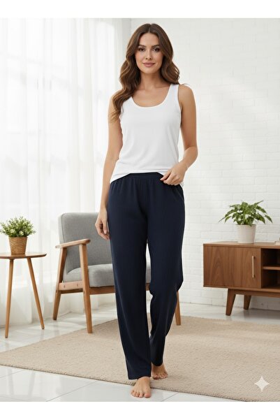 FAMES PİJAMA Women's Navy Blue Ribbed Interlock Single Bottom