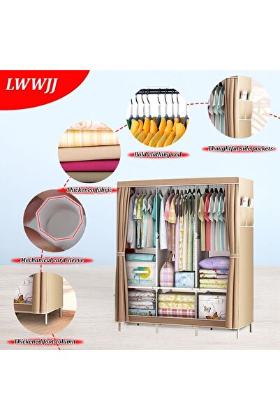 fulina Portable Closet,125x45x168cm,1 Hanging Rods,6 Storage Shelves & Side Pockets,for Bedroom,Khaki