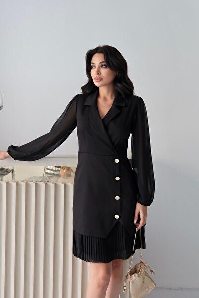 Serica Moda Black Balloon Sleeve Pleated Jacket Dress