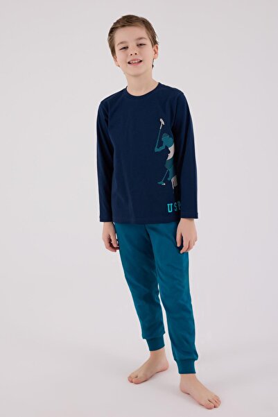 U.S. Polo Assn. Waiter Boy's Logo Navy Blue 100% Cotton Long Sleeve Pajama with Elasticated Legs Jewelry