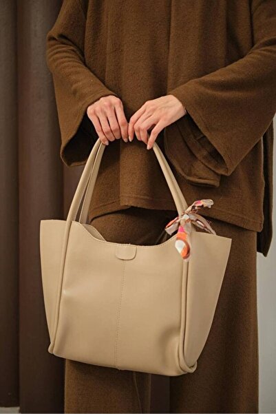 Rivina Geantă de mână și de umăr de dimensiuni mari pentru femei, cu eșarfă, bej