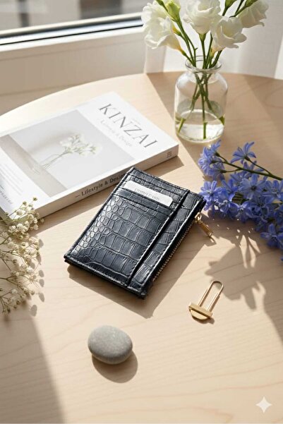 Uzs pace Luxury Crocodile Pattern Zippered Card Holder & Wallet - Black