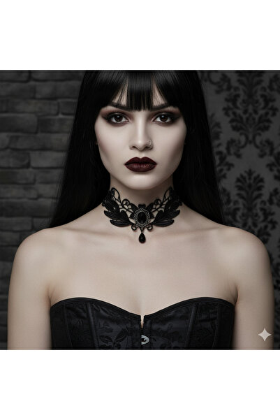 Feronnucci Siyah Dantel Gotik Taş Detaylı Choker Kolye GTK414