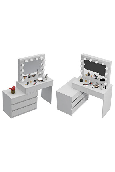 SERSIMO Carla corner dressing and makeup table with 12 LED mirror and 5-drawer chest of drawers, white
